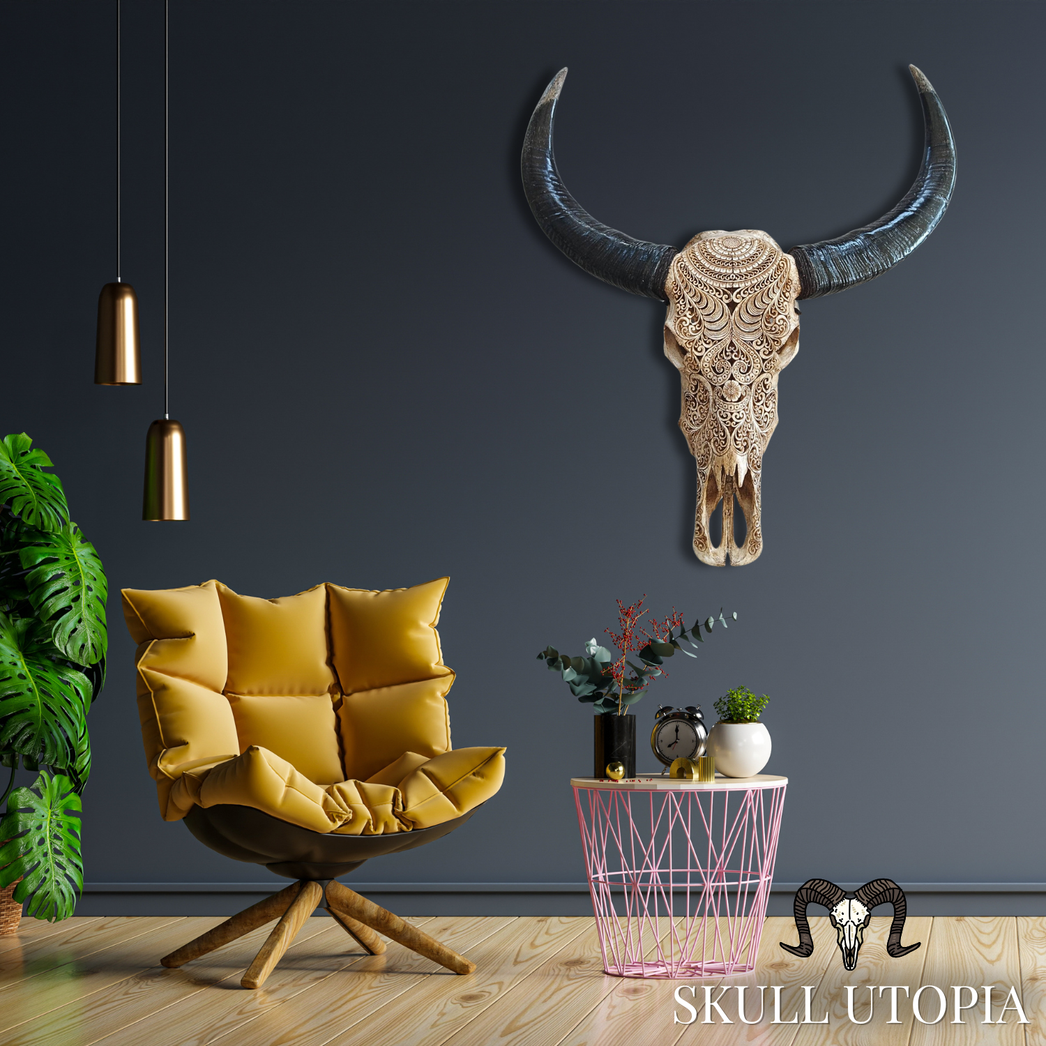 BUFFALO Skull Boho Manian Carved
