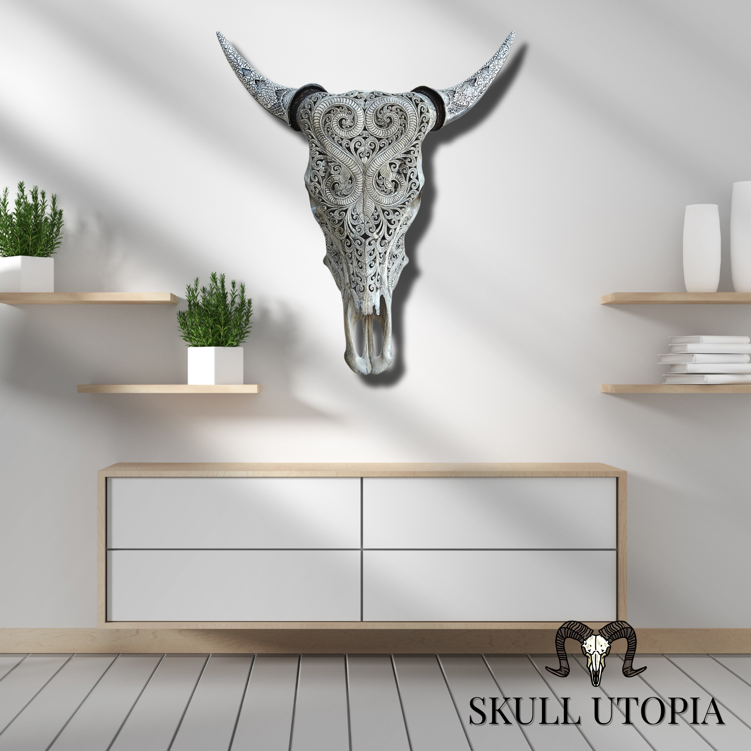 COW Skull White Boho Carved