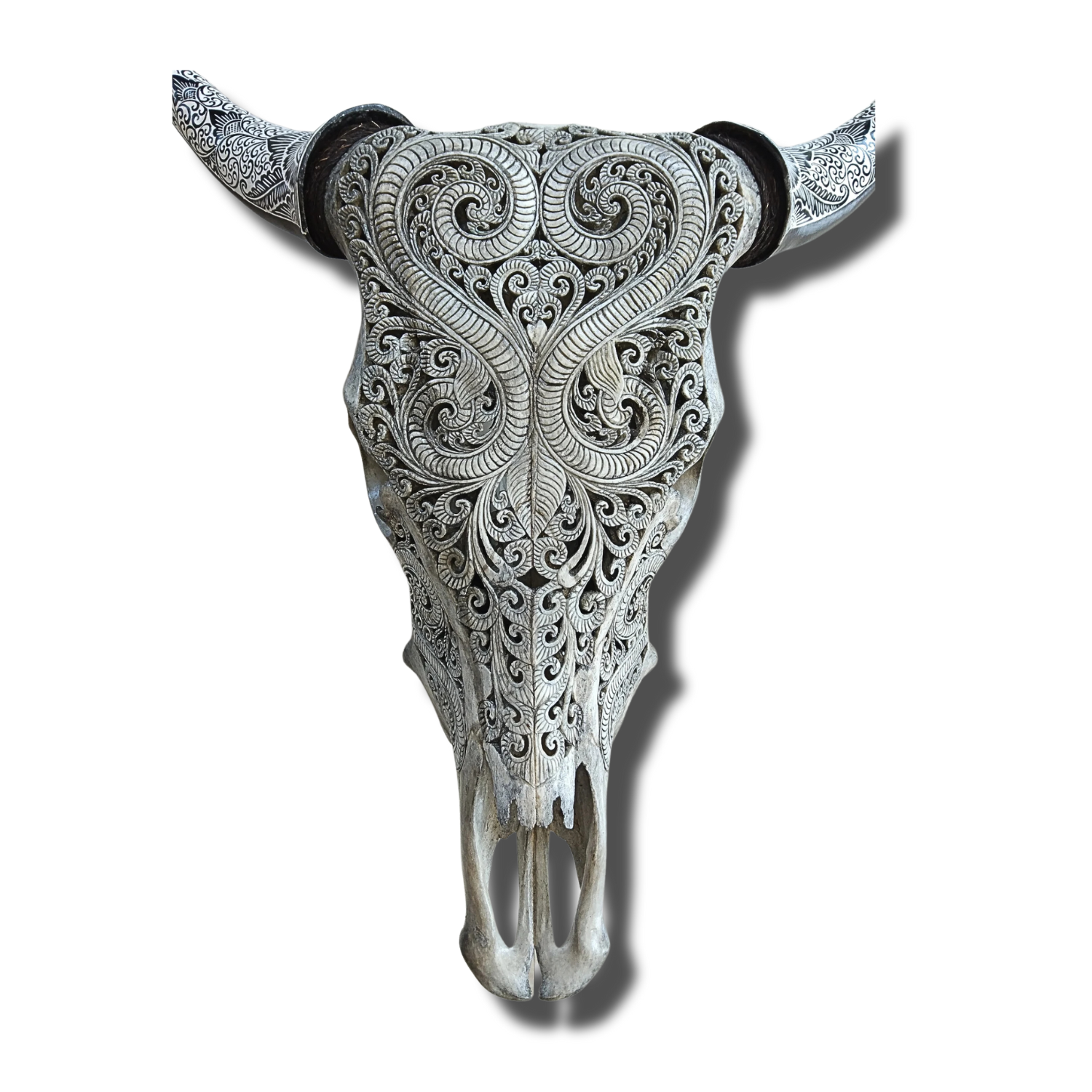 COW Skull White Boho Carved