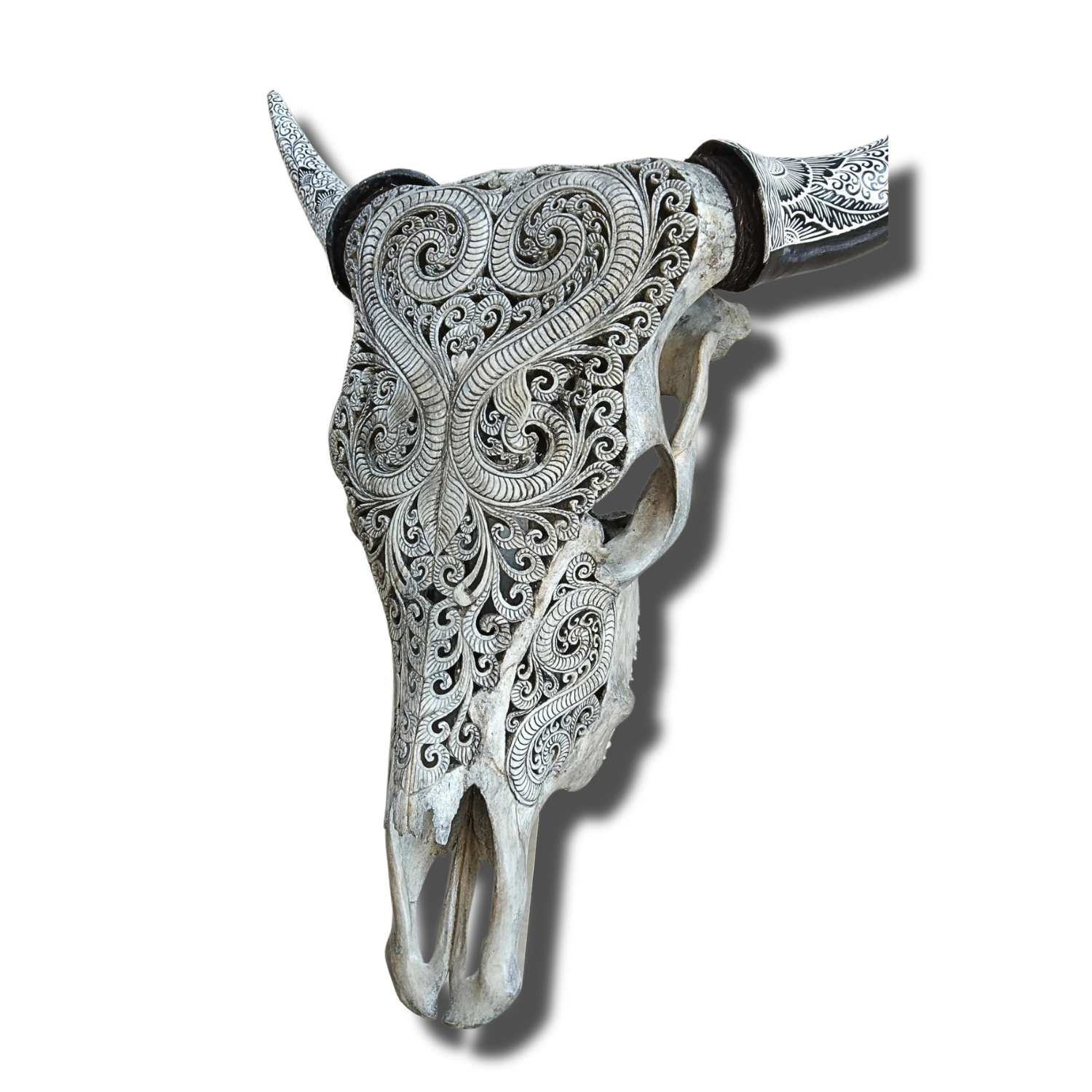 COW Skull White Boho Carved