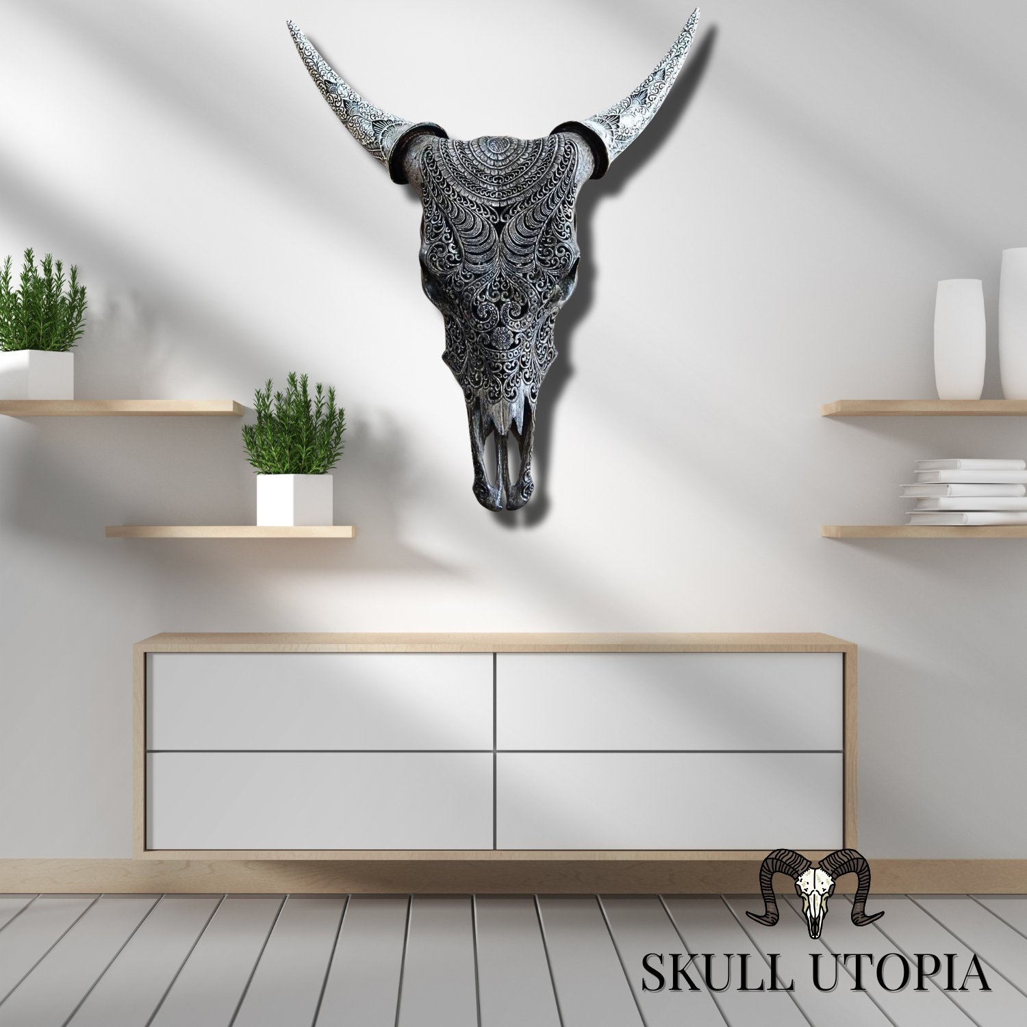 COW Skull Gray Boho Carved