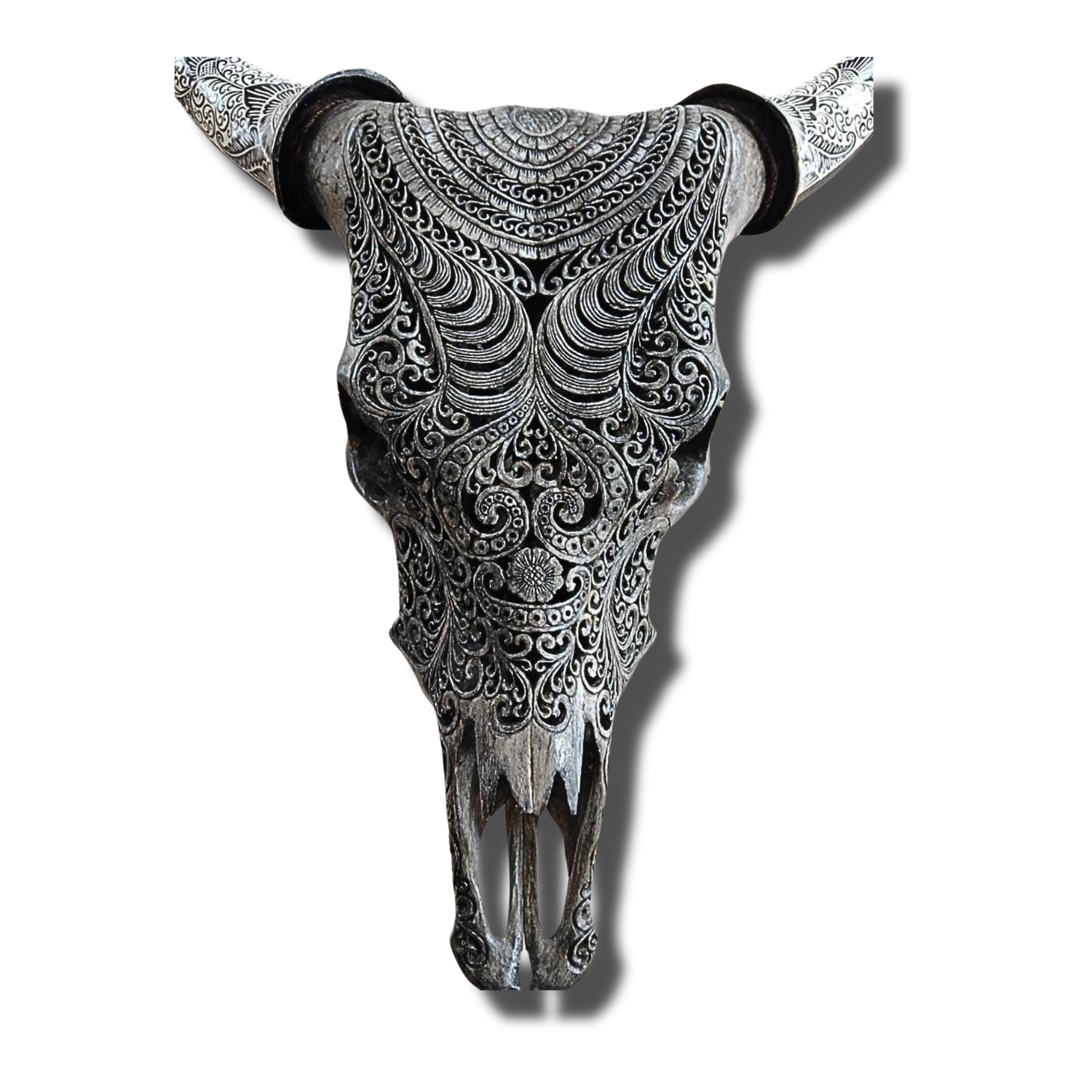 COW Skull Gray Boho Carved