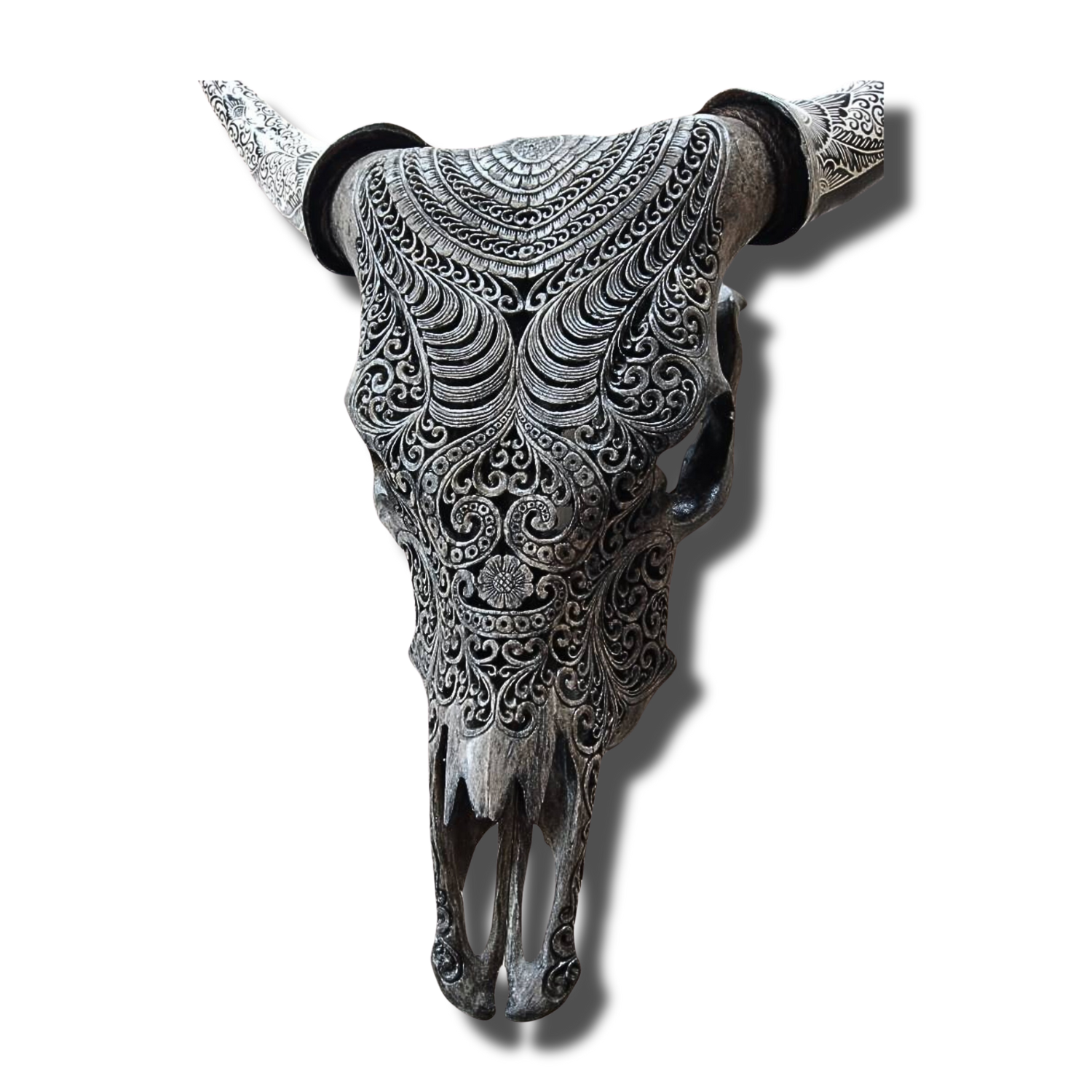 COW Skull Gray Boho Carved