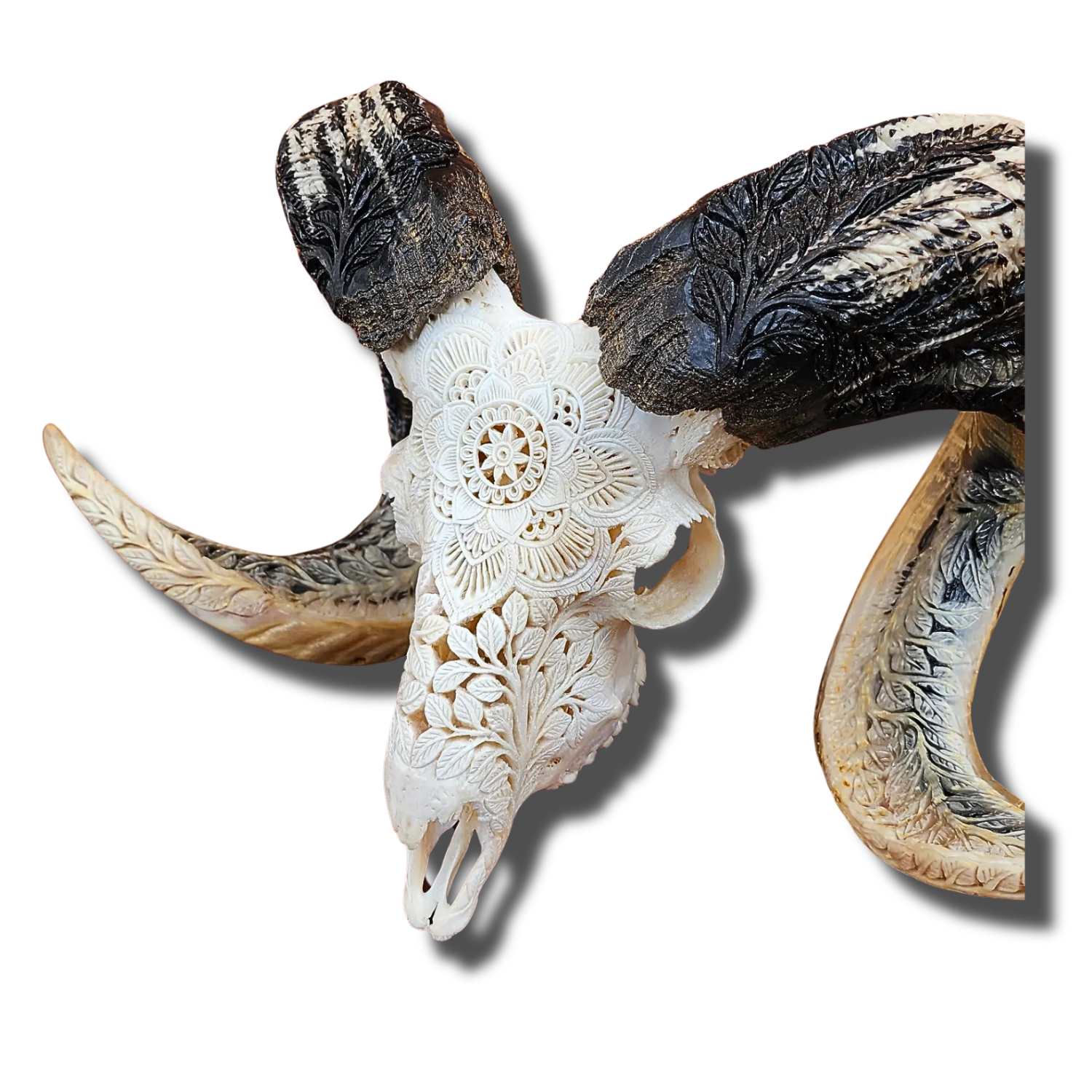 RAM Skull White Mandala Carved