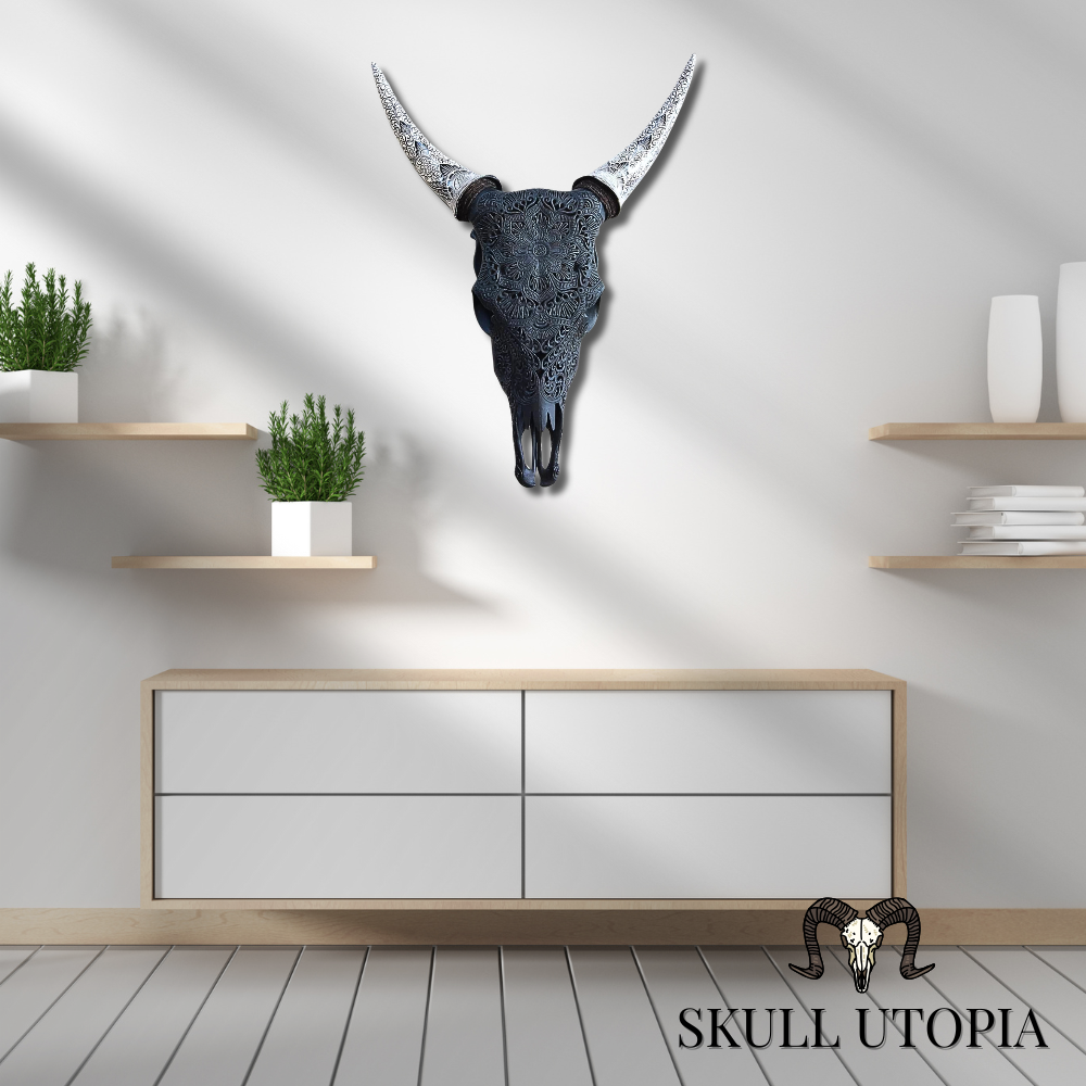 COW Skull Black Mandala Carved