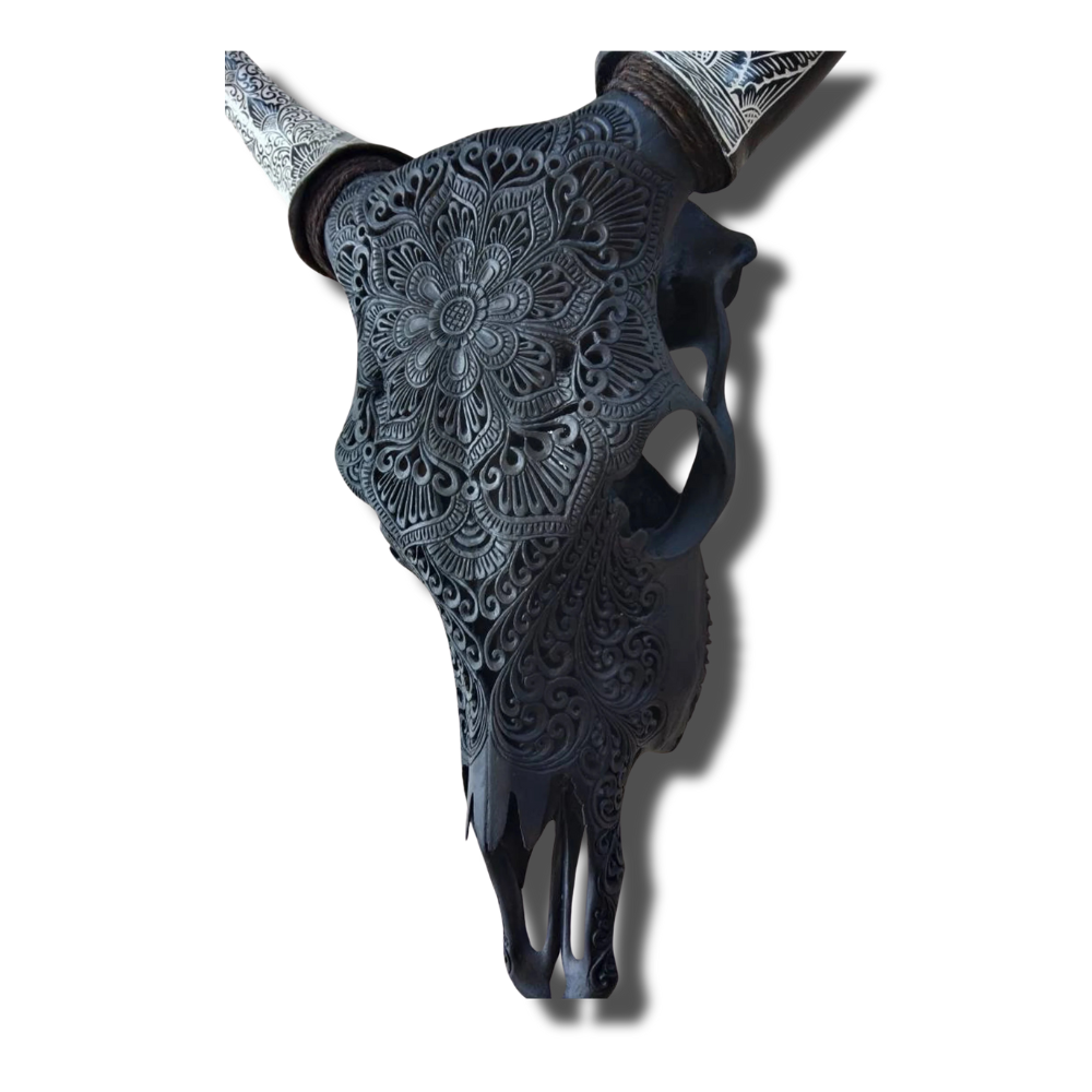 COW Skull Black Mandala Carved